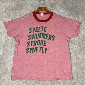 Vintage 70s Healthknit Ringer T-Shirt L Svelte Swimmers Stroke Swiftly Pink Red